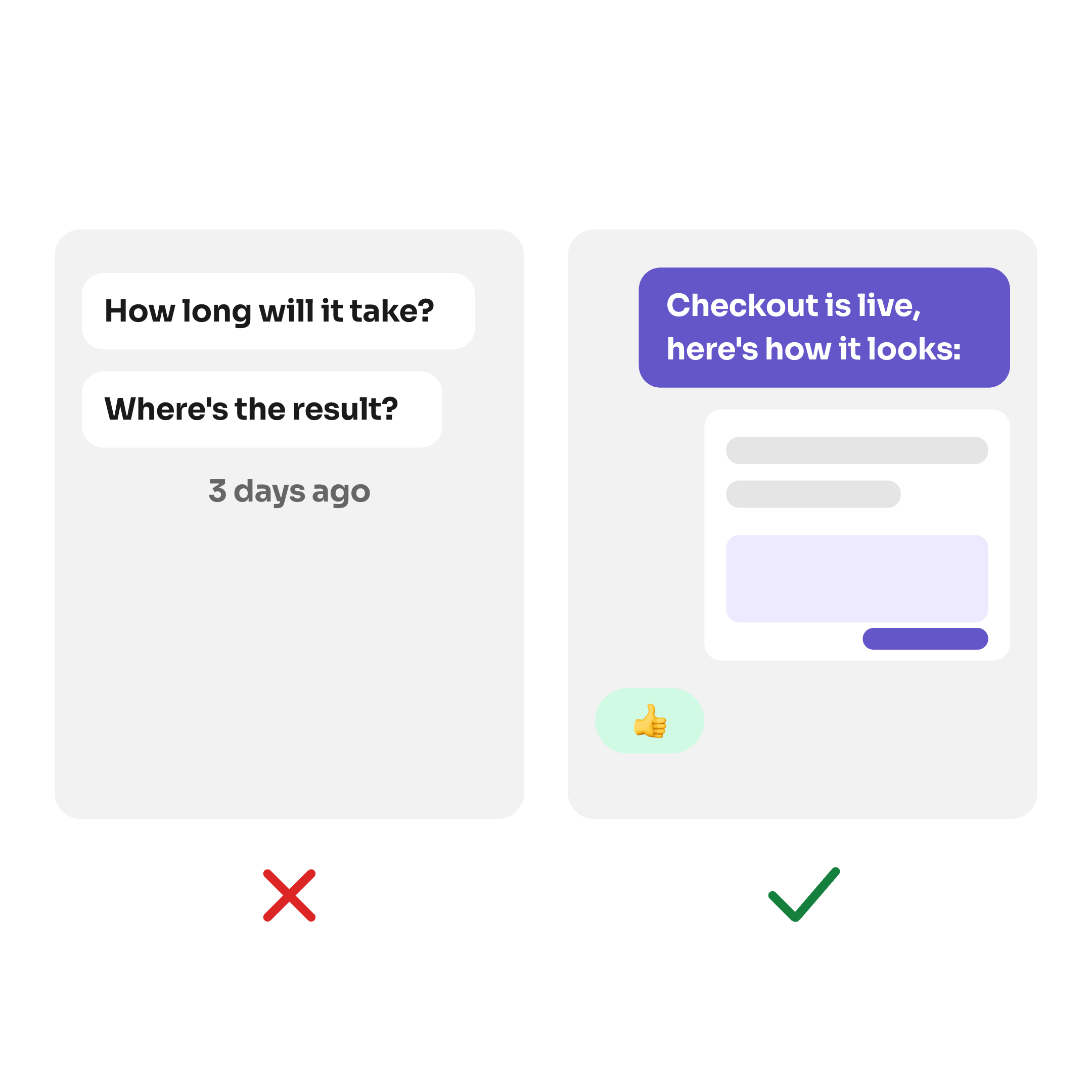 Two chat panels. Left, marked with a red cross: the client asks How long will it take? and Where's the result?, 3 days ago, with no reply. Right, marked with a green tick: the developer posts Checkout is live, here's how it looks: with a screenshot, and the client replies with a thumbs up
