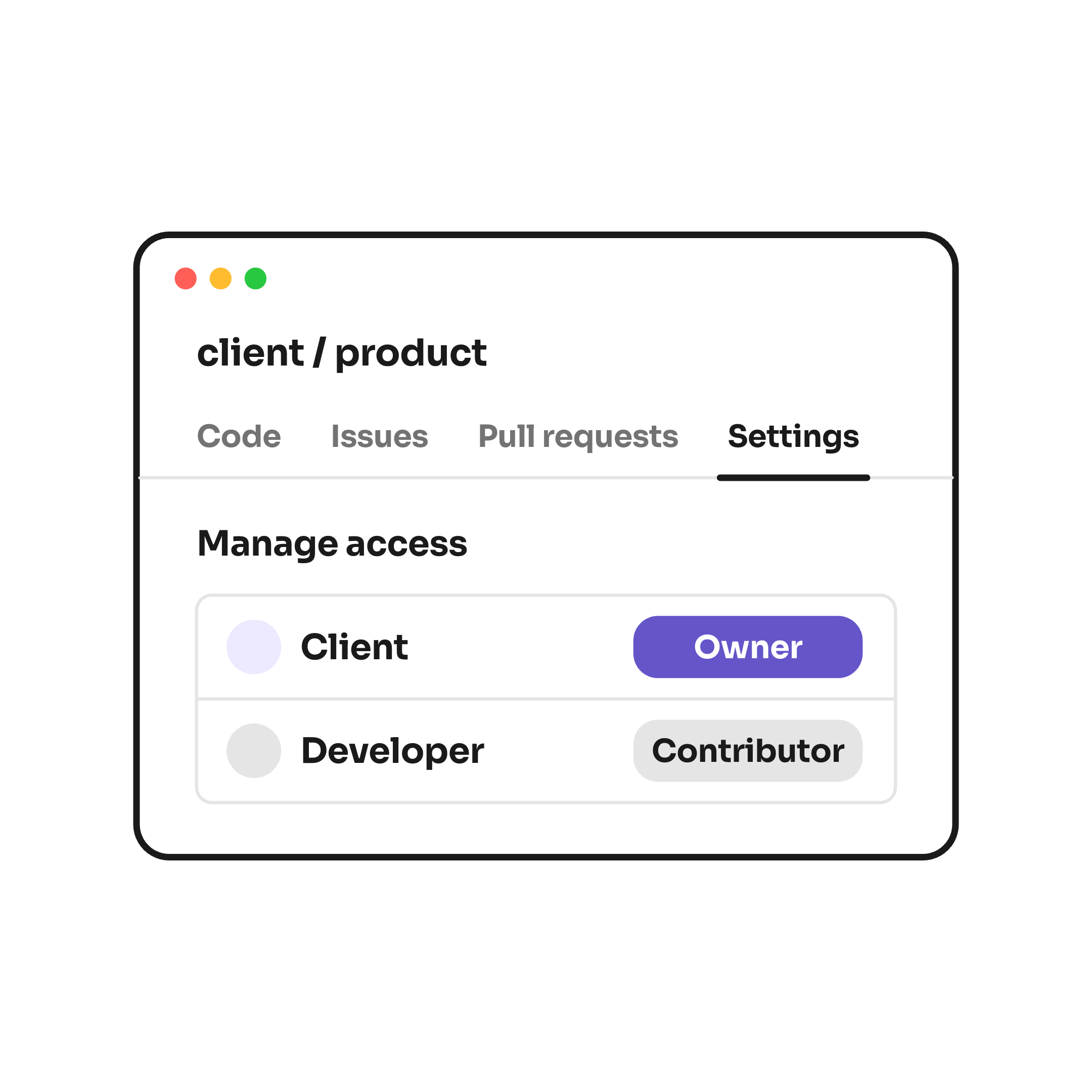 A repository's access settings for client / product: under Manage access, Client has the role Owner in violet and Developer has the role Contributor in grey.