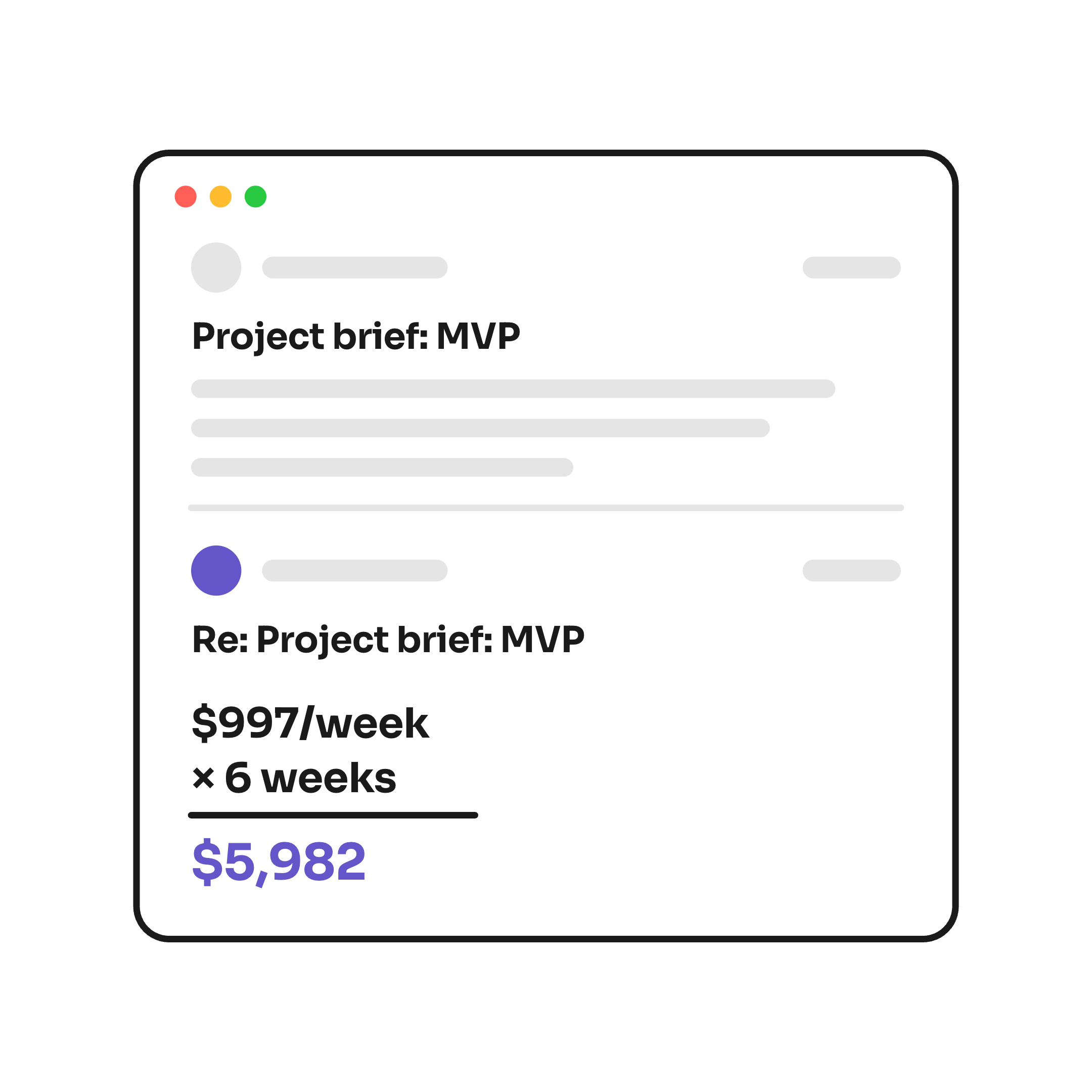 The whole pricing conversation as one email thread: a message titled Project brief: MVP, then the reply Re: Project brief: MVP with $997/week times 6 weeks and the total, $5,982, in violet.