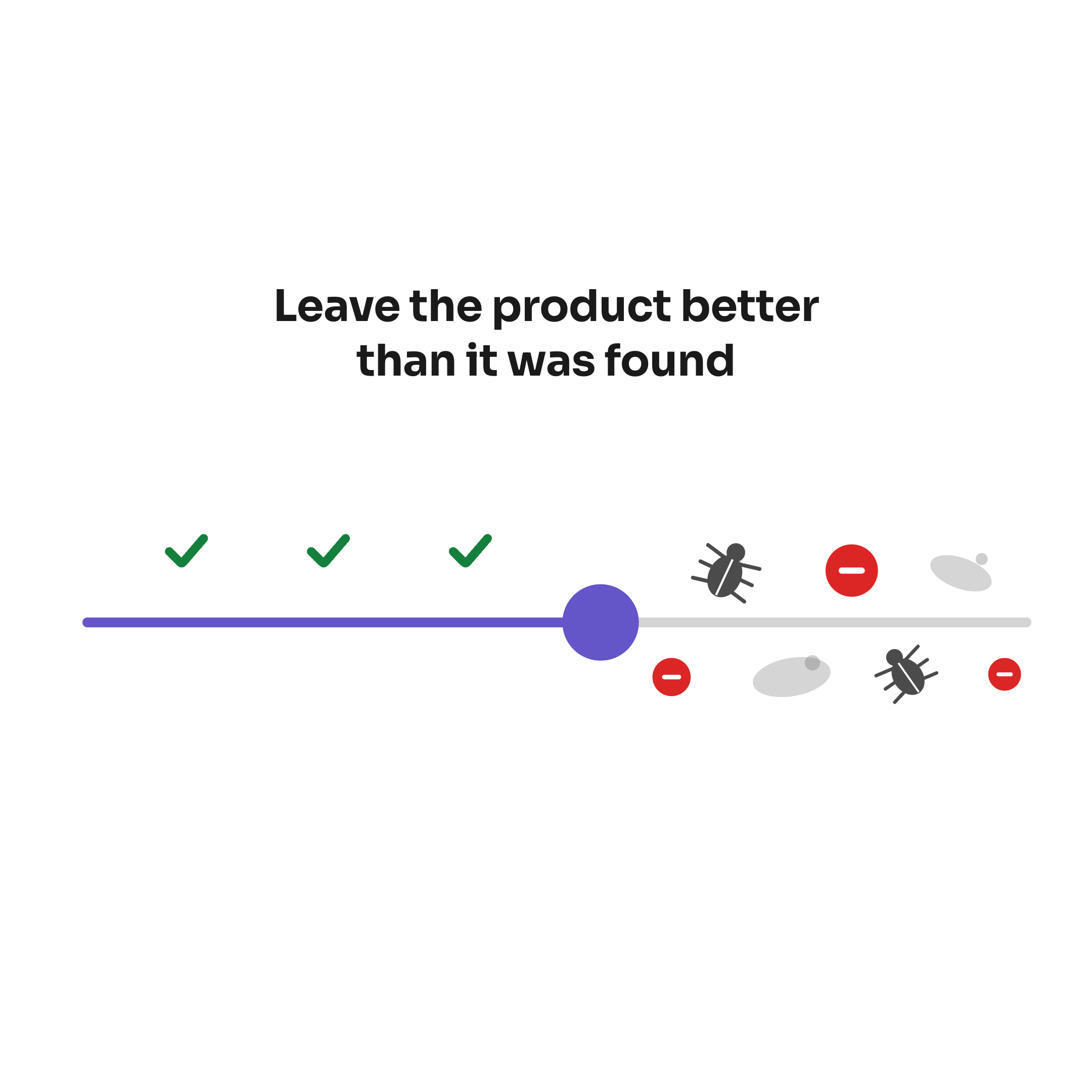 Leave the product better than it was found: a straight path with three green ticks behind a walker, and bugs, red minus coins and dust scattered on the path ahead.