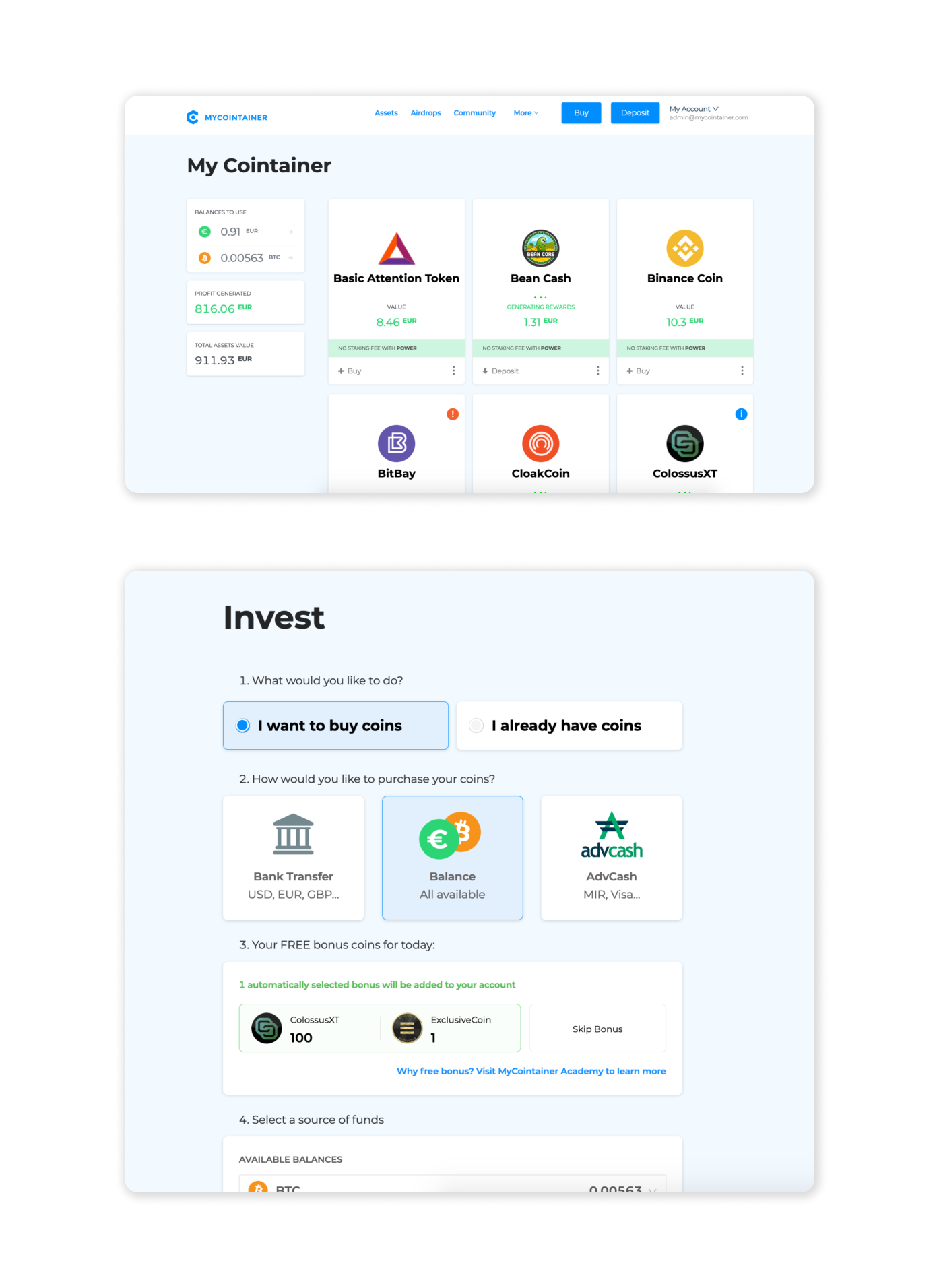 Screenshot of MyCointainer dashboard and invest page from 2019.